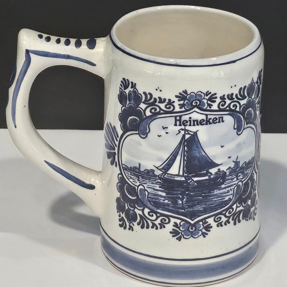 Genuine Heineken Delft Blue Holland Hand Painted Porcelain Beer Stein Mug Windmi